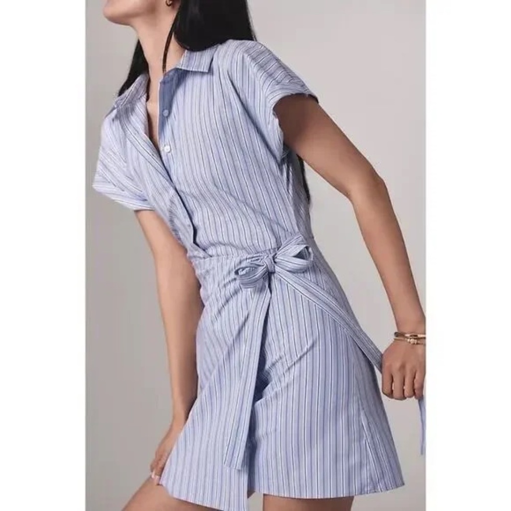 Anthropologie Maeve Button-Front Wrap Mini Shirt Dress XXS blue stripe Like-New!